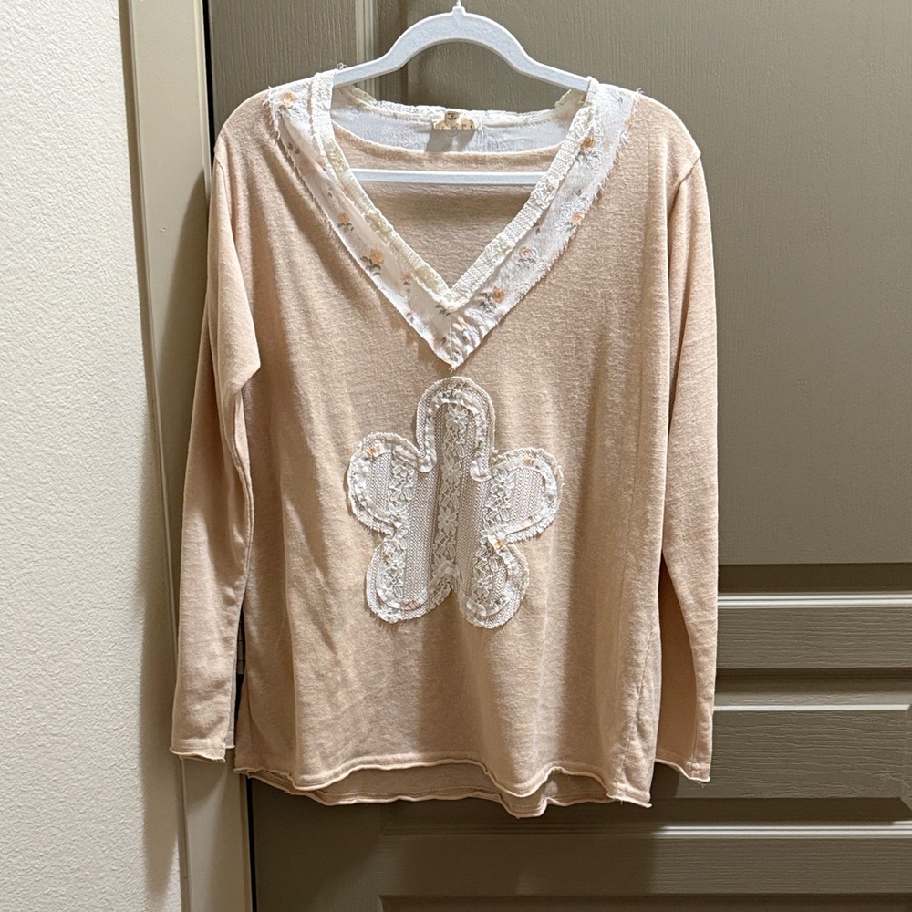 NWOT POL Beige Long Sleeve Top with Lace Detail